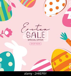 Easter sale banner design template with colorful eggs and flowers. Use for advertising, flyers, posters, brochure, voucher discount. Stock Vector