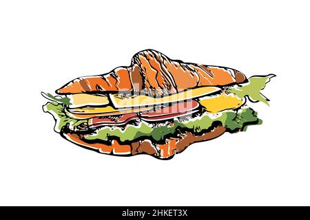 Croissant sandwich coloured doodle. Isolated hand drawn puff pastry with vegetables, ham, cheese. Vector clip art, design element Stock Vector