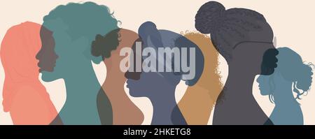 Group of multicultural diversity multiethnic women and girls - head silhouette profile. Female social network community of diverse culture.Equality Stock Vector