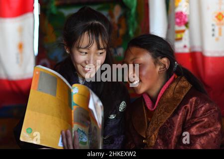 (220204) -- LHASA, Feb. 4, 2022 (Xinhua) -- Tenzin Drolma (L) teaches a neighbor girl English at home in Gyaga Village of Damxung County, southwest China's Tibet Autonomous Region, Jan. 18, 2022. Tenzin Drolma, 21, was born on the grassland near Lake Namtso in Tibet. In 2020, she was admitted to Jiangsu Food and Pharmaceutical Science College in east China's Jiangsu Province as a Chinese pharmacy major student. The college life in the outside world is fresh to Drolma. She met many new classmates and made many friends. When winter vacation came, Drolma returned to her beloved home. 'I lea Stock Photo