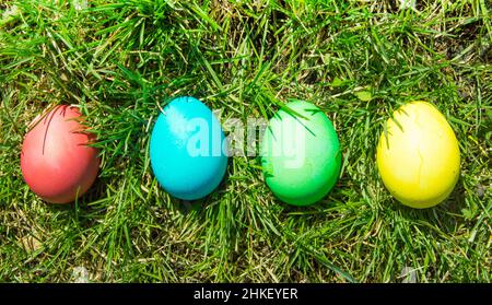 Four painted and decorative Easter eggs in the grass. Top view, copy space. Stock Photo