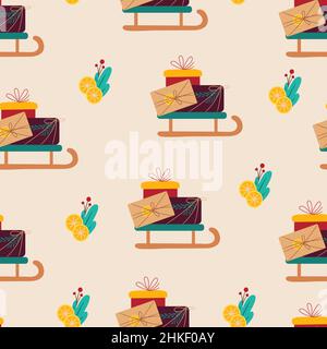 Gift boxes on sledges seamless pattern. Vector print flat cartoon style Stock Vector