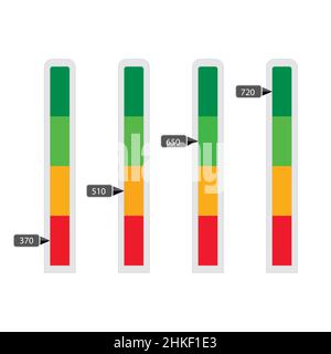 Credit rate vertical bar slider indicated numbers. Vector dashboard to indicate performance loan, score bar and gauge of financial ability illustratio Stock Vector