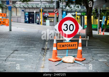 New Zealand, Auckland, January 13, 2016: road signs indicating repair work Stock Photo