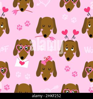 Dog pattern design with several dachshunds - funny hand drawn doodle, seamless pattern. Lettering poster or t-shirt textile graphic design. wallpaper, Stock Vector
