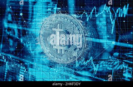 Cryptocurrency Bitcoin, Artificial Intelligence and Blockchain Stock Photo
