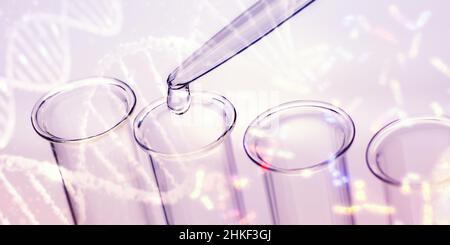 Pipette and test tubes with DNA and chromosomes in background Stock Photo