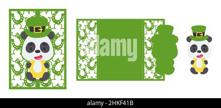 St. Patrick's Day Panda laser cutting invitation card template. Paper cut out silhouette for plotter and silk screen printing. Vector stock illustrati Stock Vector