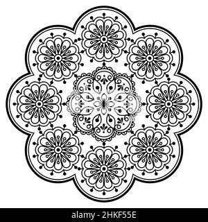 Retro Scandinavian vector embroidery folk art style mandala design with flowers perfect for greeting card or wedding invitation in black and white Stock Vector