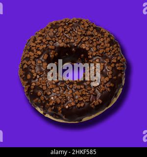 delicious donut with dark chocolate isolated on blue background Stock Photo