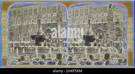 Inspired by Karlsbrunnen and the Town Hall of Aachen, Germany, Statue de Charlemagne et façade de l'Hôtel-de-Ville, Aix-la-Chapelle (Prusse), Allemagne, Hippolyte Jouvin, Johann Joseph Couven, Aken, 1864, paper, albumen print, height 86 mm × width 171 mm, Reimagined by Artotop. Classic art reinvented with a modern twist. Design of warm cheerful glowing of brightness and light ray radiance. Photography inspired by surrealism and futurism, embracing dynamic energy of modern technology, movement, speed and revolutionize culture Stock Photo