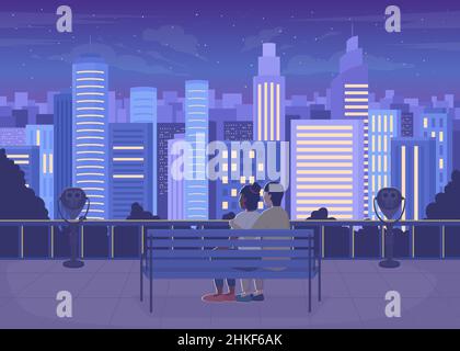 Romantic date night on rooftop flat color vector illustration Stock Vector
