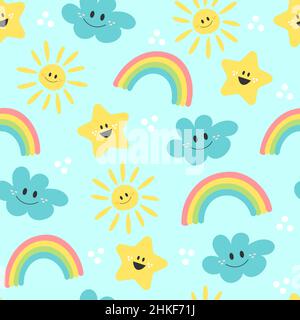 Cute cartoon sun, rainbow, cloud and star - seamless pattern background on blue. Pattern for kids design Stock Vector