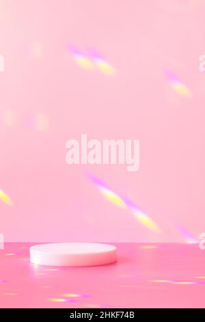 empty 3d scene and cylinder podium on pink background with crystal light sparkles Stock Photo