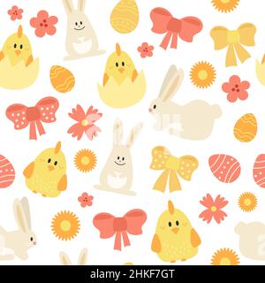 Seamless pattern with Easter eggs, chickens and bunnies. Easter design on white background. Red and yellow colors Stock Vector