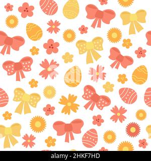 Happy Easter. Modern childish cute hand drawn vector seamless pattern in positive spring colors. Endless texture with flowers, Easter eggs, bows Stock Vector