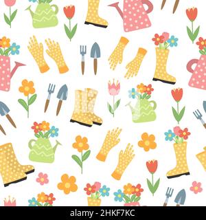 Seamless pattern with flowers, rubber boots, tools. Gardening design on white Stock Vector