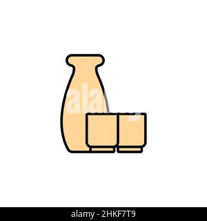 Sake bottle and two cup color icon. linear style sign for mobile concept and web design. Japanese alcohol drink outline vector icon. Symbol, logo illu Stock Vector