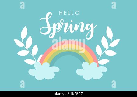 Hello spring card design. Rainbow on blue sky. Bright hand drawn greeting card. Vector illustration. Stock Vector