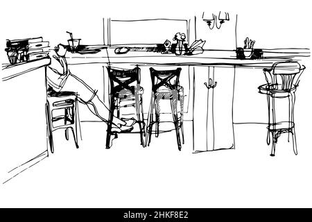 black and white vector sketch of the room at the front of the bar Stock Photo