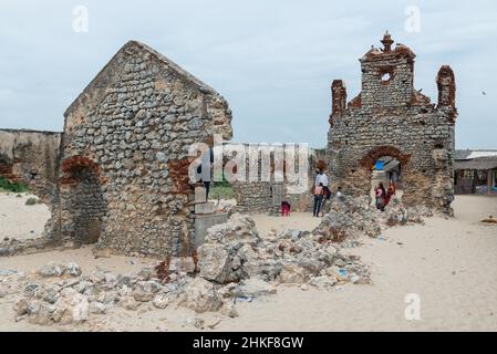 Dhanushkodi, India - January 2022: The 'ghost town' of Dhanushkodi. The ruins of the roman Church. Stock Photo