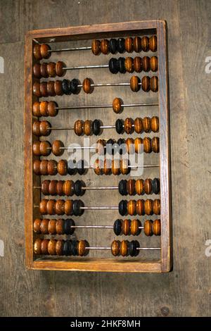 Old school wooden abacus, antique abacus in wooden frame Stock Photo