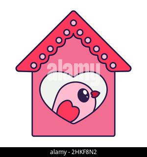 Kawaii Valentine Day icon bear. Love symbol in the fashionable pop line art style. The cute bird with heart is in soft pink, red, and coral color. Vec Stock Vector