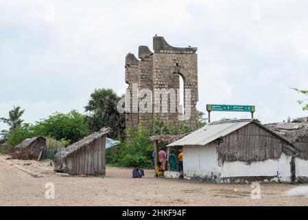 Dhanushkodi, India - January 2022: The 'ghost town' of Dhanushkodi. The remains of the railway station. Stock Photo