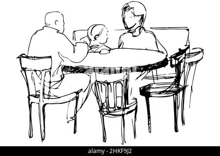black and white vector sketch of father and mother with her daughter at a table in a cafes Stock Photo