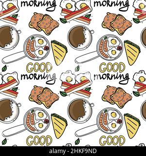 A seamless morning food pattern. Hand-drawn doodle-style elements. Breakfast. Good Morning. Eggs, sausages, sausage sandwiches. Simple vector in Stock Vector