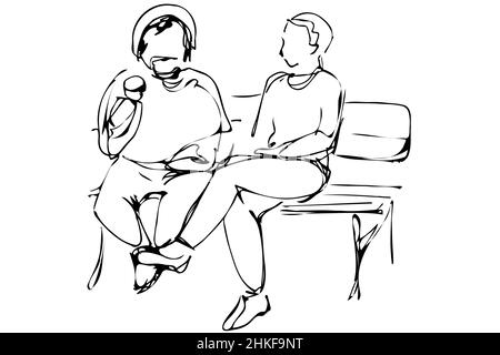 Black and white vector sketch two men sit on a park bench Stock Photo