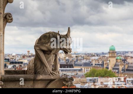 This is one of the statues of chimeras are installed on the top floor at the foot of the towers of Notre-Dame de Paris May 13, 2013 Paris, France. Stock Photo