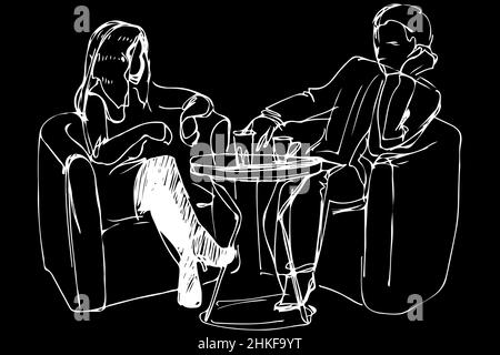 black and white vector sketch of a young couple in a cafe at a table Stock Photo