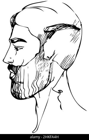 black and white vector sketch of a bearded man wearing a cap and shorts ...