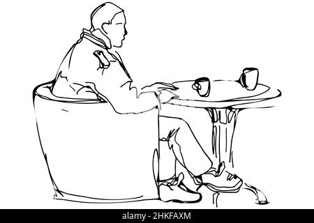black and white vector sketch of a man at the round table in a cafe drinking coffee Stock Photo