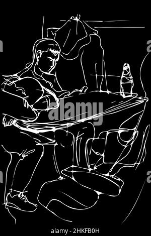 black and white vector sketch of a young man sleeping on a table by the window in the train locomotive Stock Photo