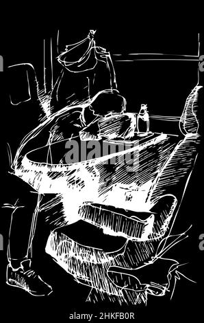 black and white vector sketch of a young man sleeping on a table by the window in the train locomotive Stock Photo