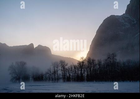 An eerie mist covers the floor of yosemite valley, while a thin layer of snow outlines the trees in during a beautiful sunset. Stock Photo