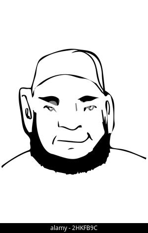 black and white vector sketch of a bearded man wearing a cap and shorts ...