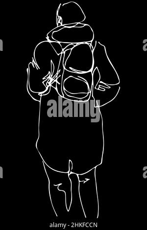 black and white vector sketch of a man in a coat with a backpack behind his back Stock Photo