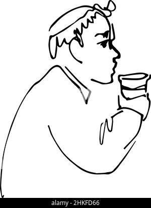 black and white sketch vector bald man drinking from a cup Stock Photo