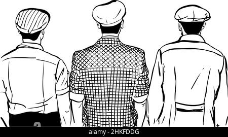 black and white sketch of three men in caps turned back Stock Photo