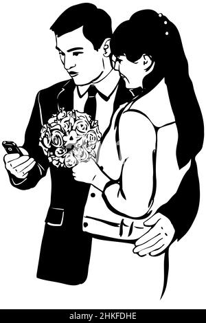 black and white vector sketch of a guy with a phone Woman with a bunch of hugs Stock Photo