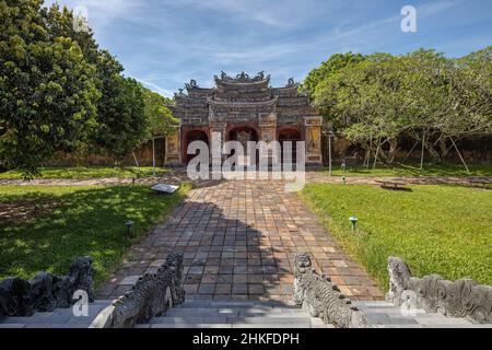 Gate of the Hien Lam Cac house in the Imperial City with the Purple Forbidden City within the Citadel in Hue, Vietnam. Imperial Royal Palace Stock Photo