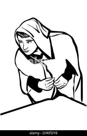black and white vector sketch of a young man in a robe with a hood