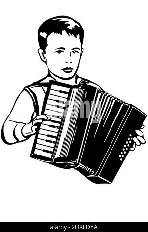 black and white vector sketch of boy plays music on the accordion Stock Photo