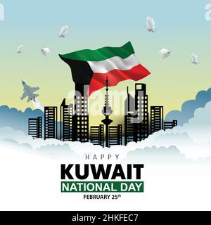 25th February happy national day Kuwait with waving flag. vector illustration design Stock Vector