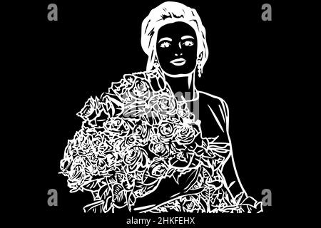 Black and white vector sketch of a beautiful girl with a bouquet of roses Stock Photo