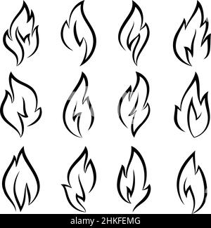 Fire flames, set icons, made black linear style Stock Vector