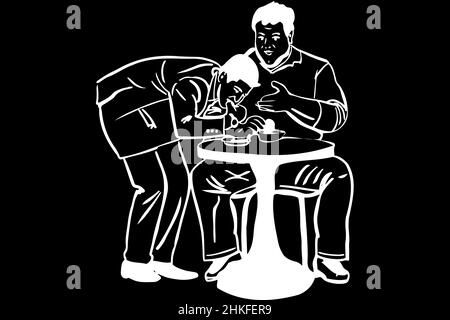 black and white vector sketch of a thin man takes food from a fat man in a cafe Stock Photo